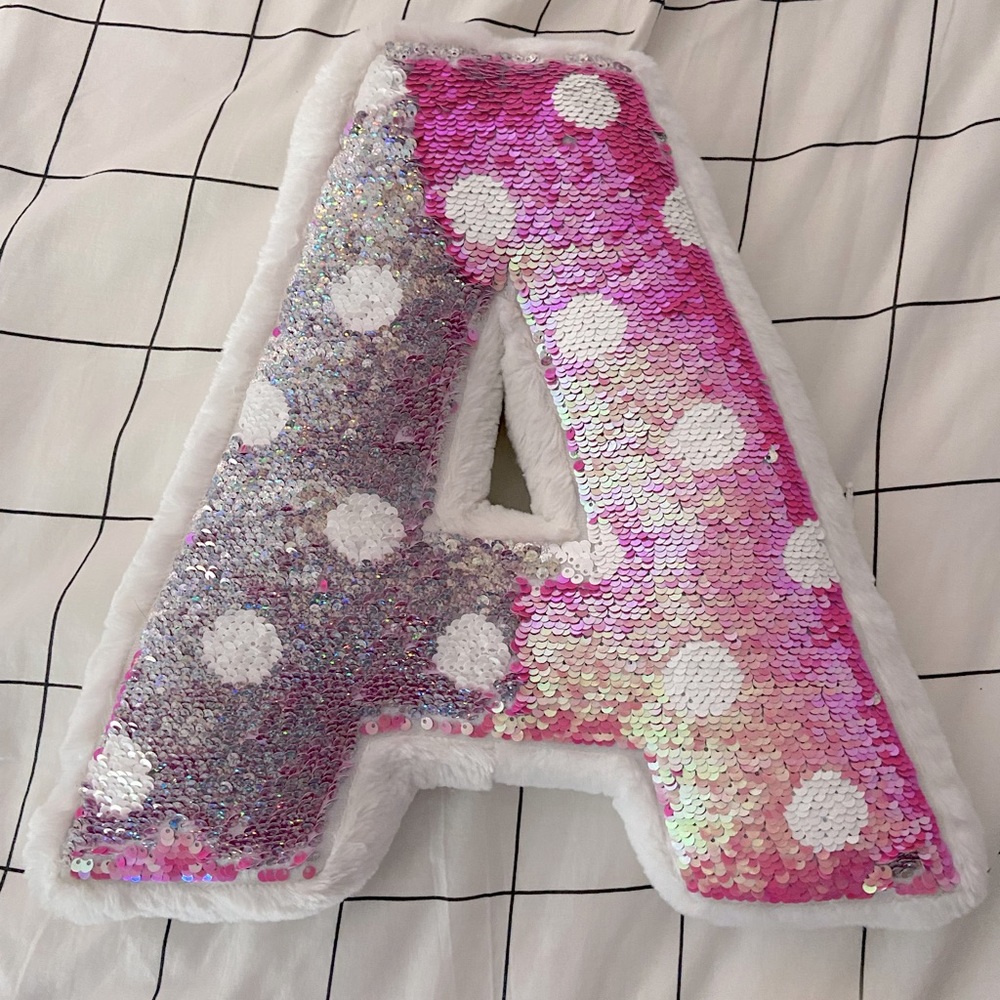 “A” flip sequin pillow: pink & silver sequins